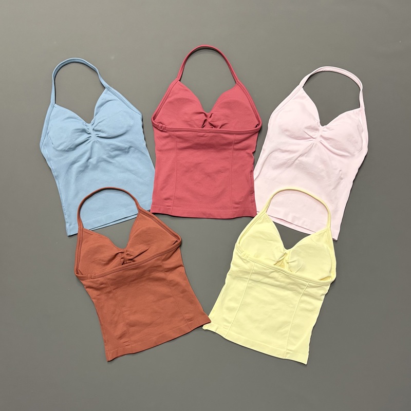 Suspender Tank Top - ジム女性用スポーツタンクトップ シームレス ホルターストラップ スパゲッティストラップ 取り外し可能なブラパッド付き 速乾性