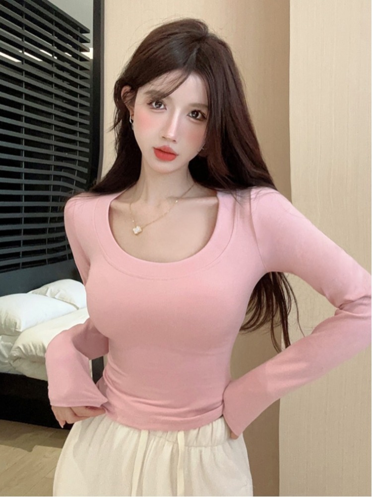 T Shirt Tight Fit - 韓国風無地長袖UネックスリムフィットショートTシャツレディース秋甘辛ショートタイトインナーウェアトップス