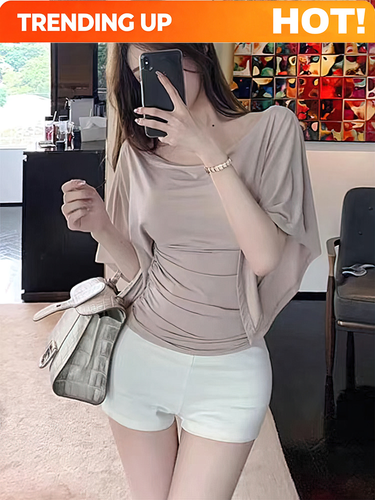 T Shirt Tight Fit - カスタマイズ可能なセクシーな夏のオフショルダーTシャツ、女性用エレガントなバットウィングショートスリーブカウルネックトップス、韓国風シックなタイトTシャツ、レディースTシャツ