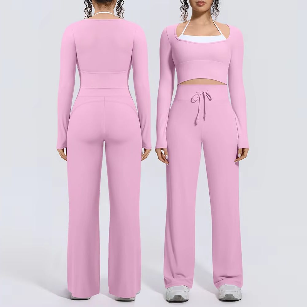 Compression Long Pant - 女性用ヨガスーツ 2点セット スクエアネック 長袖クロップトップ ハイウエスト ドローストリング