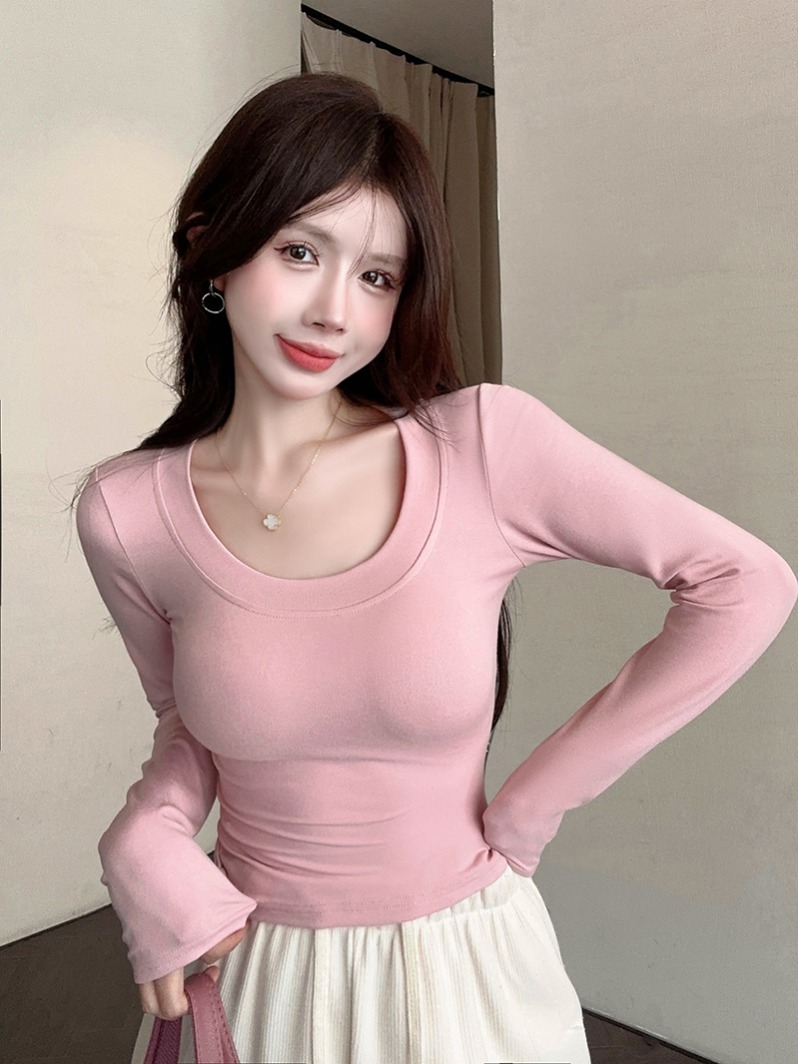 韓国風無地長袖UネックスリムフィットショートTシャツレディー - T Shirt Tight Fit のレビューと価格