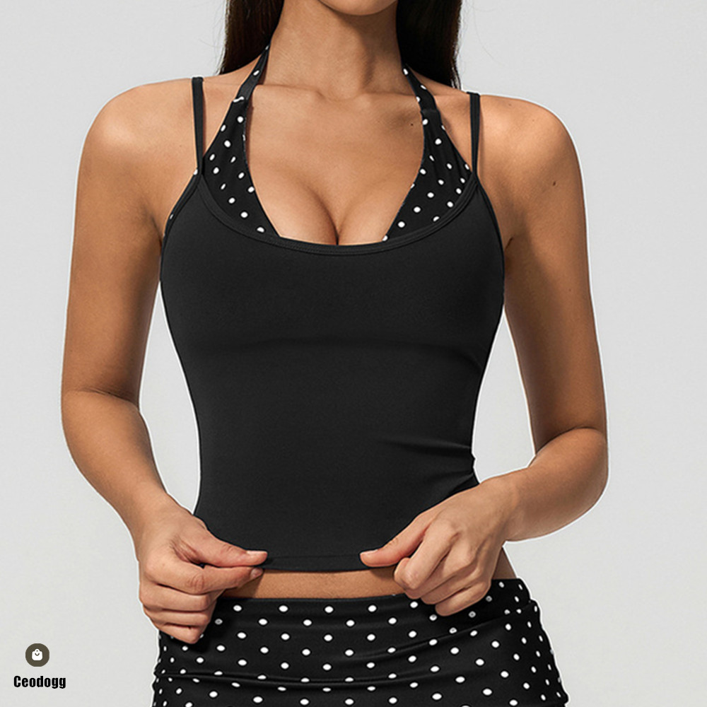 ポルカドット女性ストラップホルターヨガ Bdra タンクトッ - Suspender Tank Top のレビューと価格